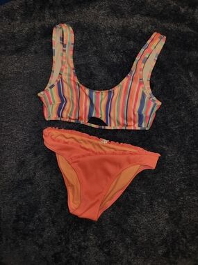 Juniors Two-Piece Swim Set - Rainbow Stripe Top & Coral Bottom